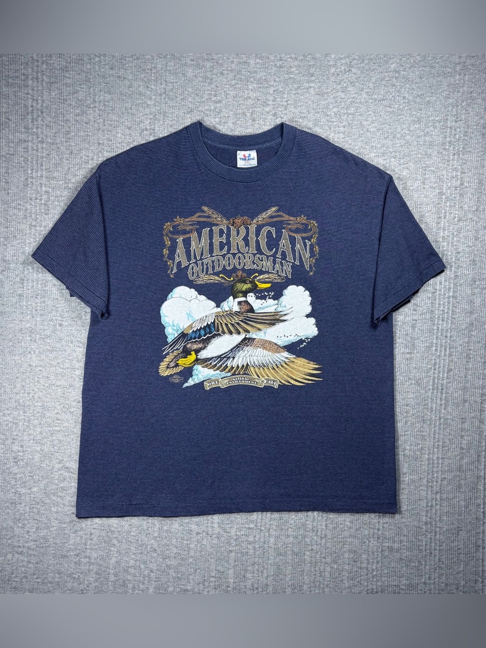 Vintage Tshirt Duck American Outdoorsman Mens XXL Single Stitch Blue Striped 90s